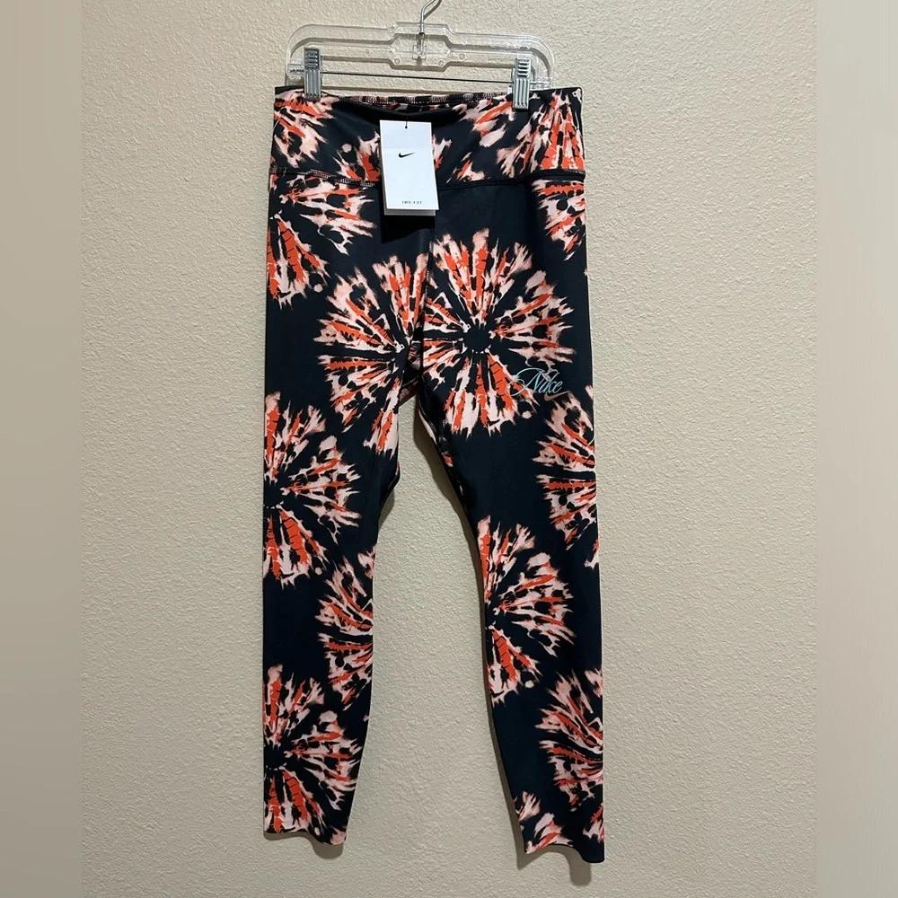 NEW! Nike Black High-Waist Tie-Dye Leggings with Orange & White Burst - Size M